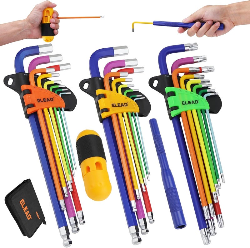 ELEAD Allen-Wrench Hex Torx Key Set: 29-Piece Rainbow Colored Allen Key Set, Long Arm Ball End, Metric SAE Standard Torx Star Wrenches with T-Handle and Extension Bar - Image 1